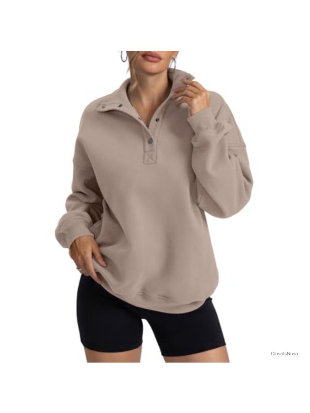 Oversized Fleece Henley Sweatshirt Button Neck Pullover